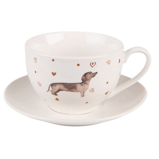 Tasse und Untertasse mit beigebrauner Dackel